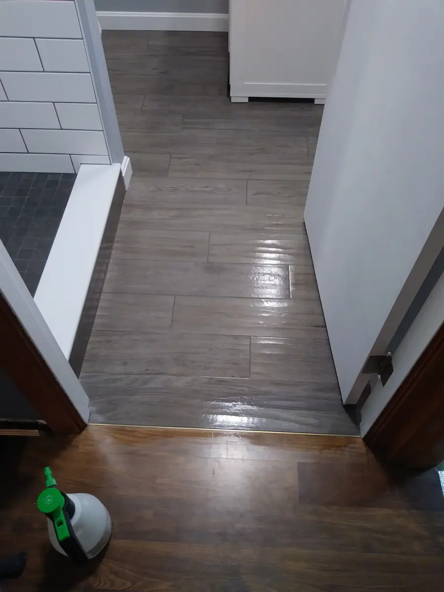 Dark plank tile floor in a hallway